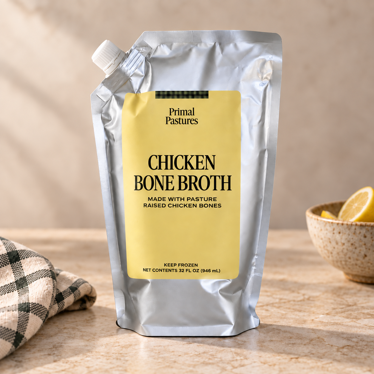 A silver stand-up pouch of Primal Pastures Chicken Bone Broth with a large pale yellow label, standing on a stone-like surface with a folded plaid cloth and a small bowl of lemon in the background.