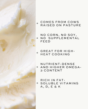 Close-up of whipped beef tallow with text highlighting its nutritional benefits.