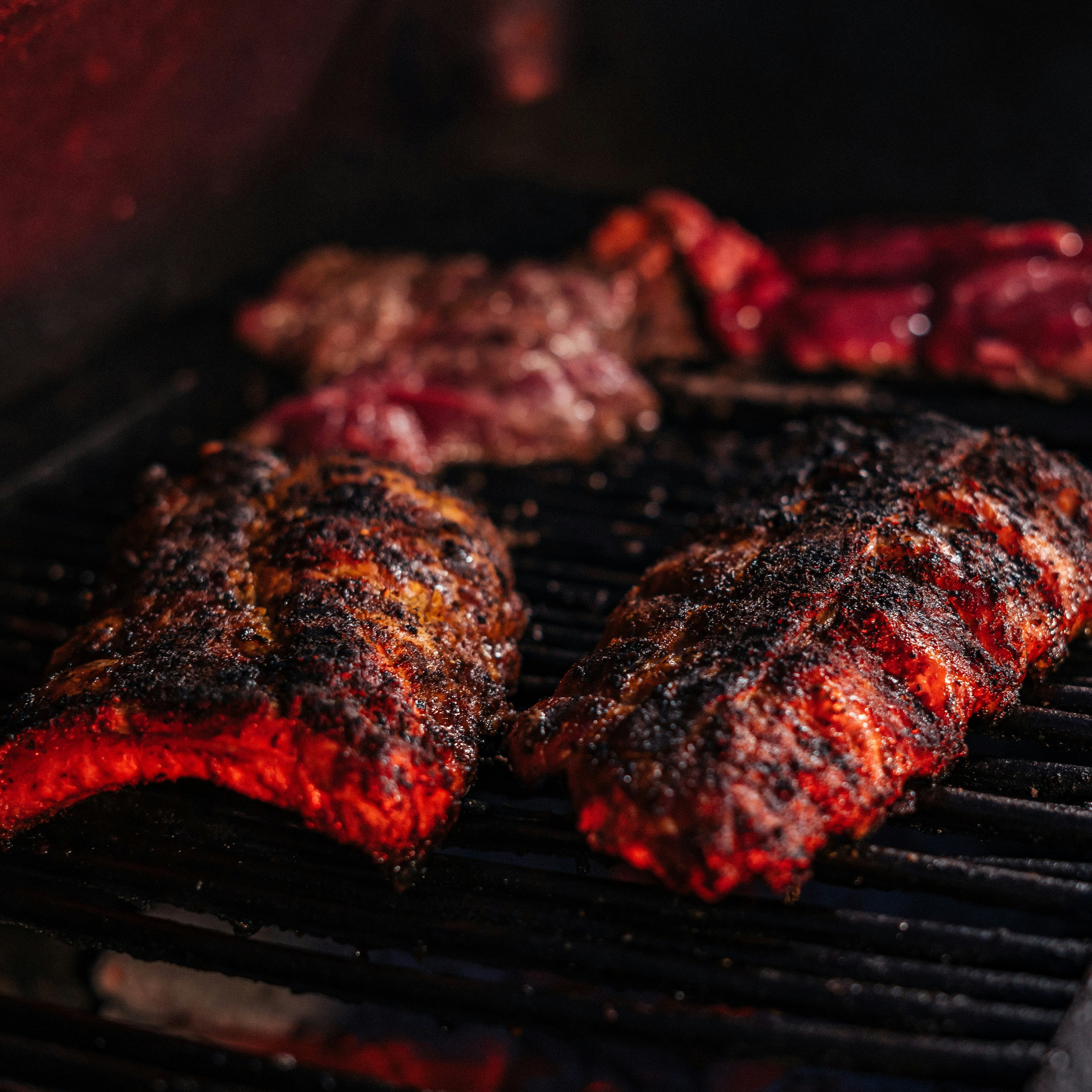 Close-up of grilled ribs on a barbecue