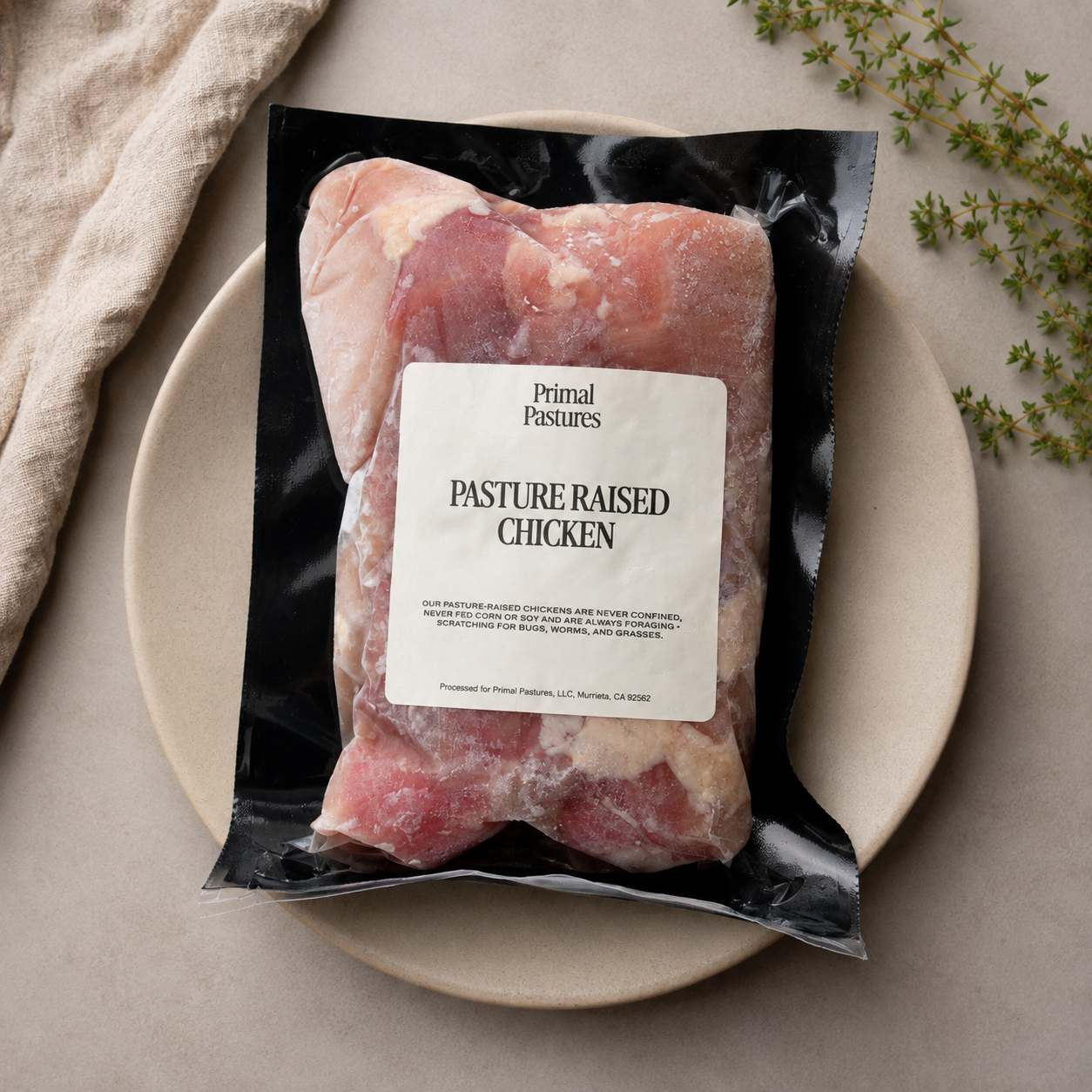 A vacuum-sealed package of Primal Pastures Pasture Raised Chicken placed on a light beige ceramic plate, with a beige cloth and green herbs in the background.