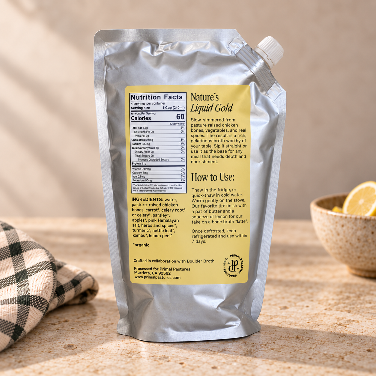 back of chicken bone broth label from primal pastures