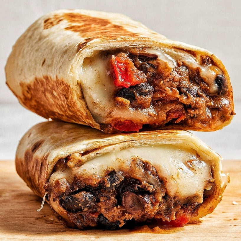 Stacked chicken chorizo burritos cut in half to show the filling, placed on a wooden board.