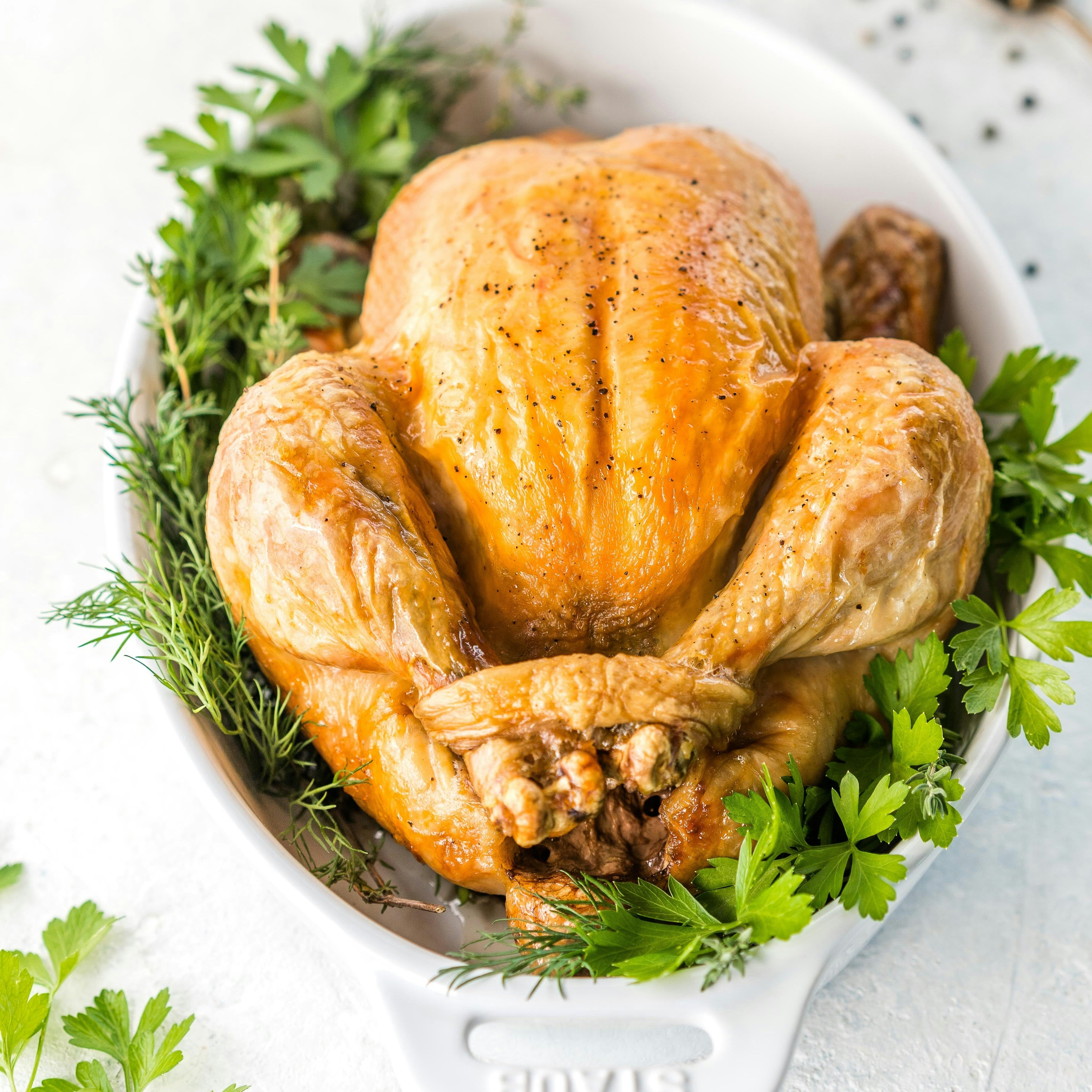 Roasted chicken on a bed of greens in a white bowl with a white background

