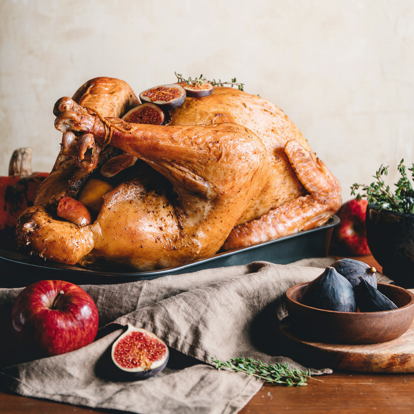 A roasted whole turkey on a dark baking tray, styled on a rustic wooden table with figs, a red apple, herbs, and a linen cloth against a textured beige wall.