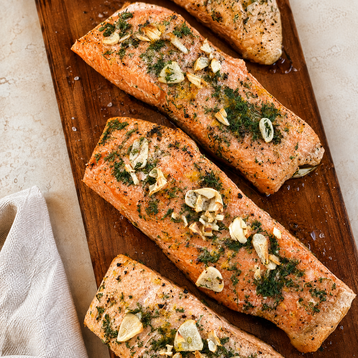 Four salmon fillets seasoned with herbs and sliced garlic, arranged on a dark wooden serving board with a light beige cloth at the side.